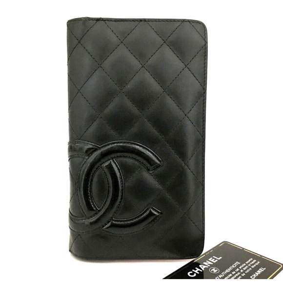 Authentic Black CHANEL Combon Line Lambskin Long Bifold Wallet Pink Interior - Picture 1 of 8